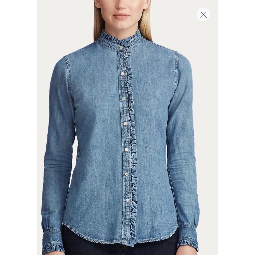 Lauren Ralph Lauren Denim Ruffle Shirt Womens 2X Blue Cotton Long Sleeve Blouse